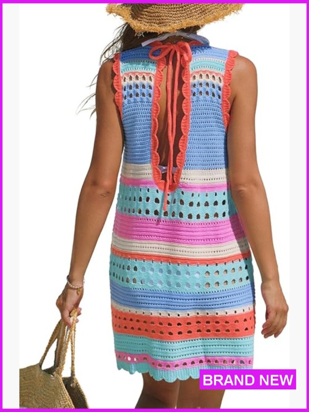 Women's Crochet Swim Cover Up Sleeveless Loose Beach Dress Boho Striped Knit